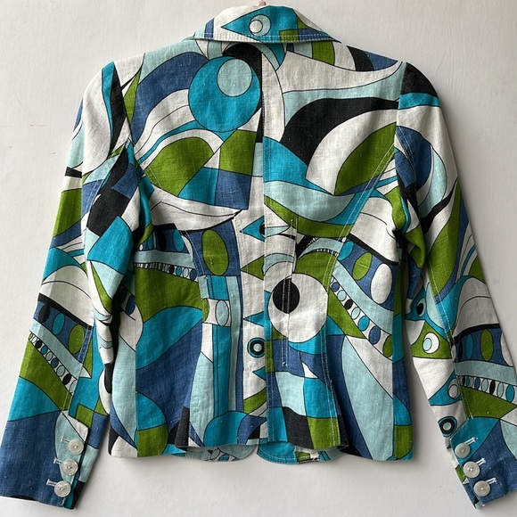 Vintage Linen Harve Benard Jacket Petite Geometric Pattern Blue Green Turquoise - Picture 5 of 8